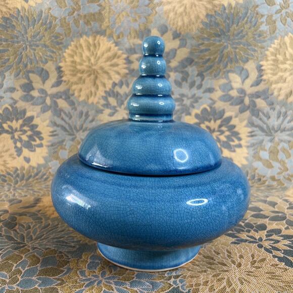 Vintage Turquoise Blue Mediterranean Ceramic Spice Jar 9″ x 8″ with Lid - Picture 1 of 10